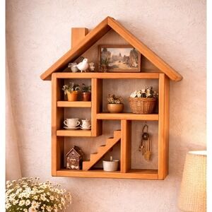 Vintage House Shaped Wood Knick Knack Trinket Display Wall Hanging Shelf Stairs